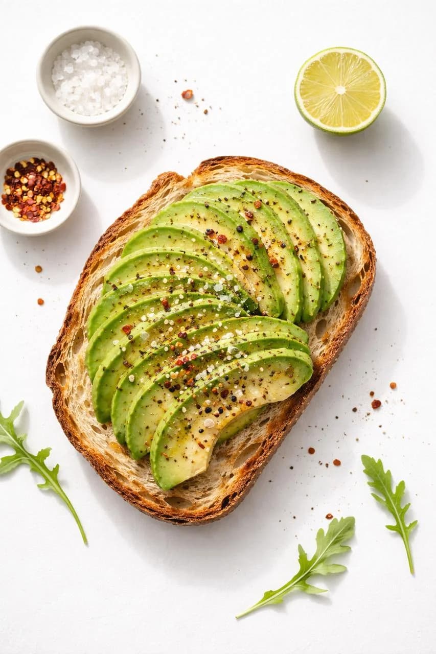 AI-generated food photography of avocado toast with chili flakes, sea salt, and lime
