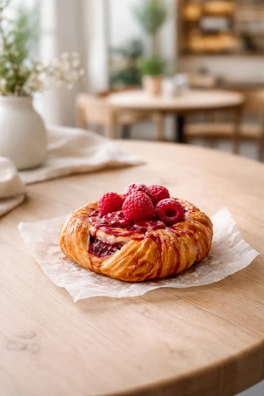 AI-generated product photography of a raspberry pastry on a café table