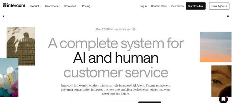 Intercom homepage with the headline A complete system for AI and human customer service