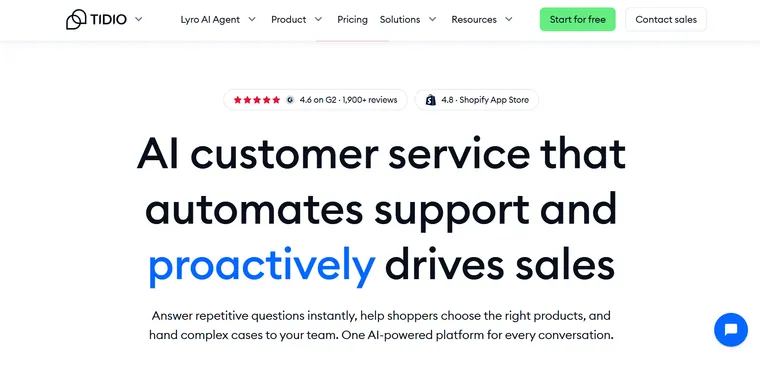 Tidio homepage with the headline AI customer service that automates support and proactively drives sales