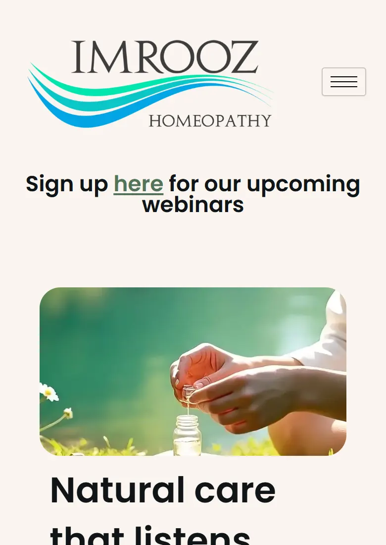 Imrooz Homeopathy hero on mobile with the Natural care that listens headline