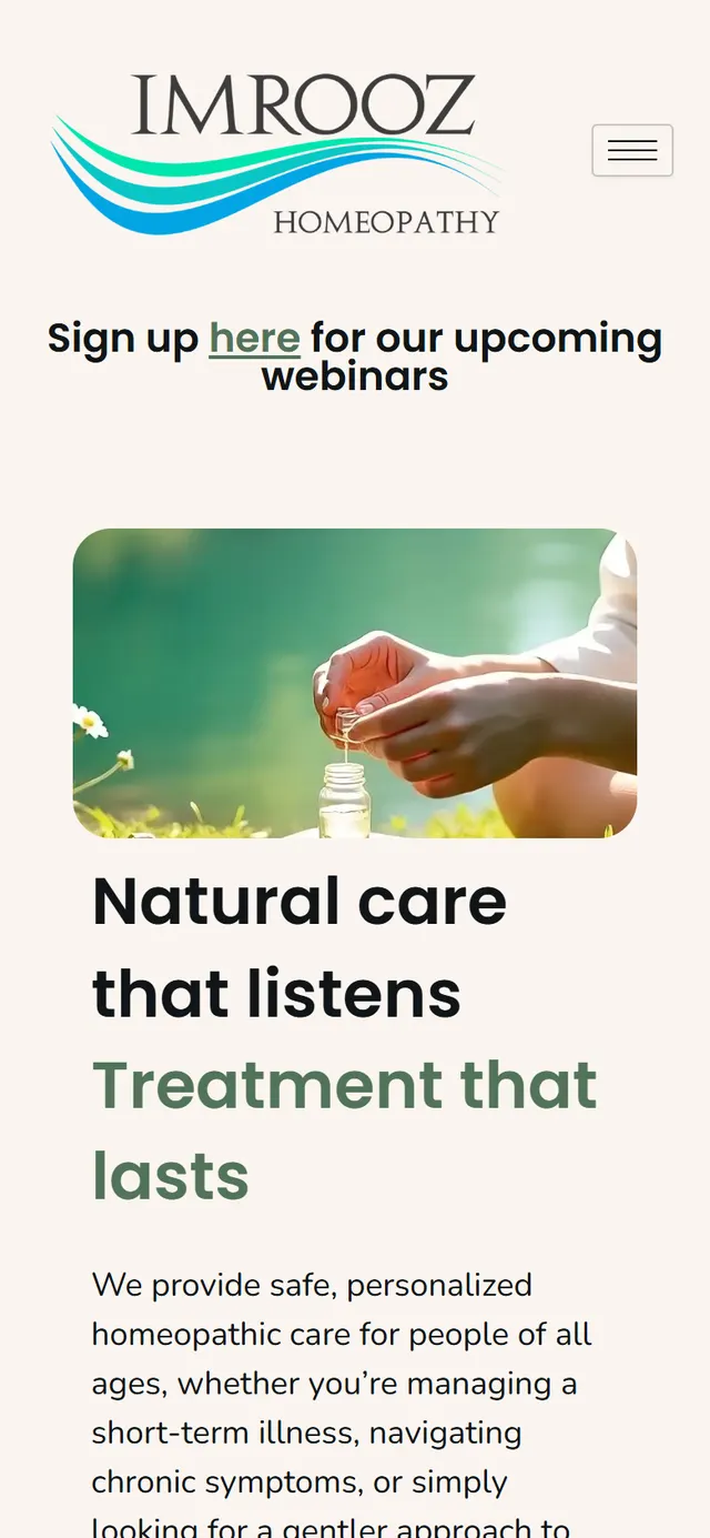 Imrooz Homeopathy website on mobile with service grid, FAQ section and soft natural colour palette
