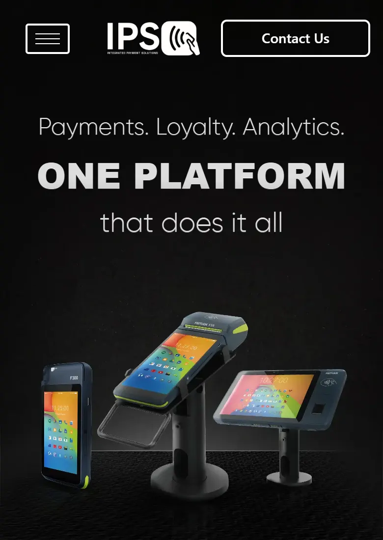IPS Pakistan dark hero with the Payments, Loyalty, Analytics headline and POS terminals