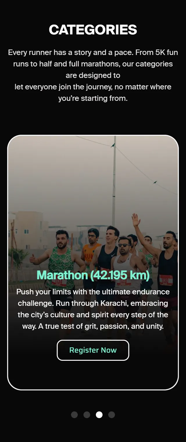 Karachi Marathon race categories carousel on mobile
